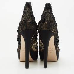 Pre Owned Dior Black Lace and Mesh Embellished Pampille Peep Toe Platform Pumps Size 37