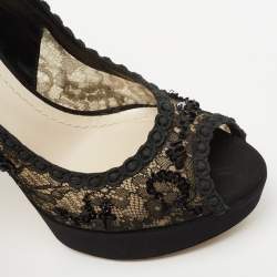 Pre Owned Dior Black Lace and Mesh Embellished Pampille Peep Toe Platform Pumps Size 37