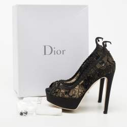 Pre Owned Dior Black Lace and Mesh Embellished Pampille Peep Toe Platform Pumps Size 37
