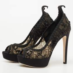 Pre Owned Dior Black Lace and Mesh Embellished Pampille Peep Toe Platform Pumps Size 37