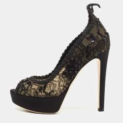 Pre Owned Dior Black Lace and Mesh Embellished Pampille Peep Toe Platform Pumps Size 37
