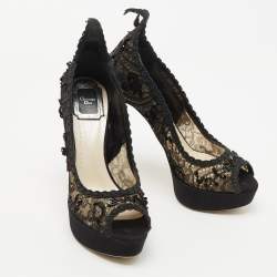 Pre Owned Dior Black Lace and Mesh Embellished Pampille Peep Toe Platform Pumps Size 37