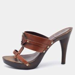 Pre Owned Dior Brown Leather Logo Platform Wooden Clogs Size 37