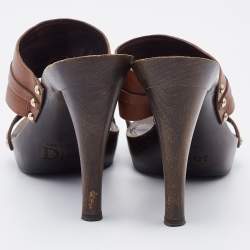 Pre Owned Dior Brown Leather Logo Platform Wooden Clogs Size 37