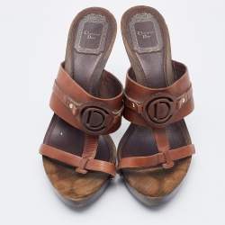 Pre Owned Dior Brown Leather Logo Platform Wooden Clogs Size 37