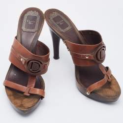 Pre Owned Dior Brown Leather Logo Platform Wooden Clogs Size 37