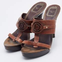 Pre Owned Dior Brown Leather Logo Platform Wooden Clogs Size 37