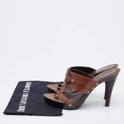 Pre Owned Dior Brown Leather Logo Platform Wooden Clogs Size 37