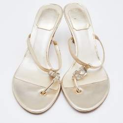 Dior Metallic Leather Logo Crystal Embellished Thong Sandals Size 37
