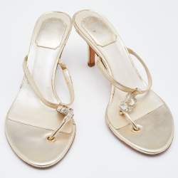 Dior Metallic Leather Logo Crystal Embellished Thong Sandals Size 37