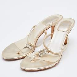 Dior Metallic Leather Logo Crystal Embellished Thong Sandals Size 37