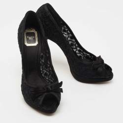 Pre Owned Dior Black Satin And Mesh Bow Peep Toe Pumps Size 39