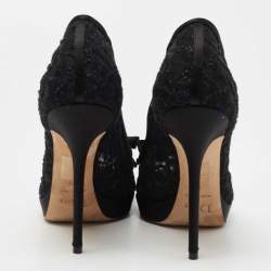 Pre Owned Dior Black Satin And Mesh Bow Peep Toe Pumps Size 39
