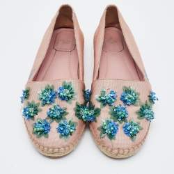 Pre Owned Dior Light Pink Canvas Flower Embellished Espadrille Flats Size 39