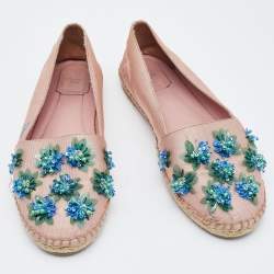 Pre Owned Dior Light Pink Canvas Flower Embellished Espadrille Flats Size 39