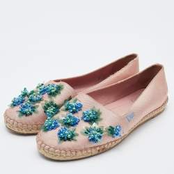 Pre Owned Dior Light Pink Canvas Flower Embellished Espadrille Flats Size 39