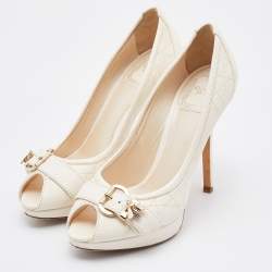 Pre Owned Dior Off White Cannage Leather Bee Detail Peep Toe Platform Pumps Size 37.5