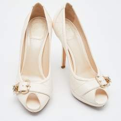 Pre Owned Dior Off White Cannage Leather Bee Detail Peep Toe Platform Pumps Size 37.5