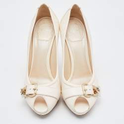 Pre Owned Dior Off White Cannage Leather Bee Detail Peep Toe Platform Pumps Size 37.5