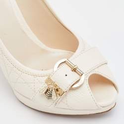 Pre Owned Dior Off White Cannage Leather Bee Detail Peep Toe Platform Pumps Size 37.5
