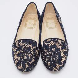 Dior Navy Blue/Beige Floral Lace and Suede Smoking Slippers Size 37.5