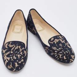 Dior Navy Blue/Beige Floral Lace and Suede Smoking Slippers Size 37.5