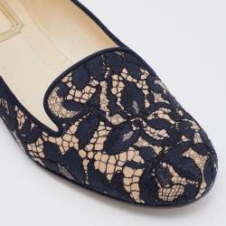 Dior Navy Blue/Beige Floral Lace and Suede Smoking Slippers Size 37.5