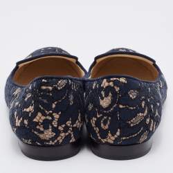 Dior Navy Blue/Beige Floral Lace and Suede Smoking Slippers Size 37.5