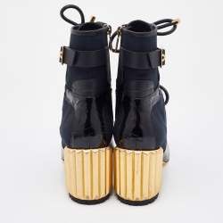 Dior Navy Blue/Black Canvas and Leather Glorious Lace Up Ankle Length Boots Size 40