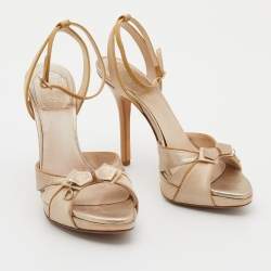 Pre Owned Dior Metallic Gold/Beige Leather and Satin Platform Ankle Strap Sandals Size 36