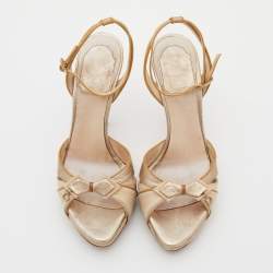 Pre Owned Dior Metallic Gold/Beige Leather and Satin Platform Ankle Strap Sandals Size 36