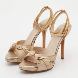 Pre Owned Dior Metallic Gold/Beige Leather and Satin Platform Ankle Strap Sandals Size 36