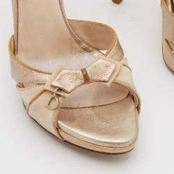 Pre Owned Dior Metallic Gold/Beige Leather and Satin Platform Ankle Strap Sandals Size 36