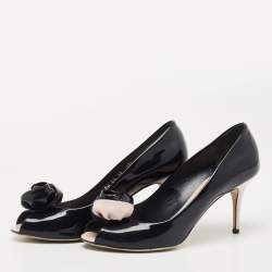 Dior Navy Blue Patent Leather Rose Peep Toe Pumps Size 40.5