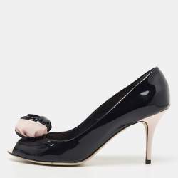 Dior Navy Blue Patent Leather Rose Peep Toe Pumps Size 40.5