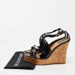Dior Black Patent Wedge Ankle Strap Sandals Size 38.5