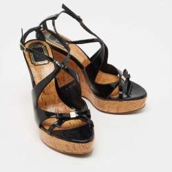 Dior Black Patent Wedge Ankle Strap Sandals Size 38.5