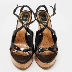 Dior Black Patent Wedge Ankle Strap Sandals Size 38.5
