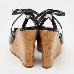 Dior Black Patent Wedge Ankle Strap Sandals Size 38.5