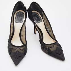 Dior Black Fabric Applique Embroidered Accent Pointed Toe Pumps Size 37