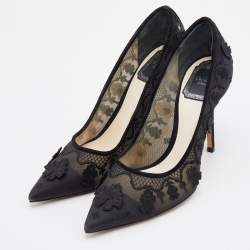 Dior Black Fabric Applique Embroidered Accent Pointed Toe Pumps Size 37