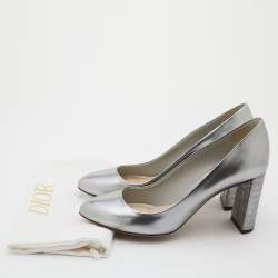 Dior Silver Leather Microcannage Block Heel Pumps Size 36