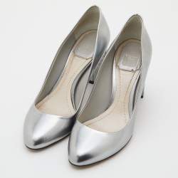 Dior Silver Leather Microcannage Block Heel Pumps Size 36