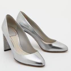Dior Silver Leather Microcannage Block Heel Pumps Size 36
