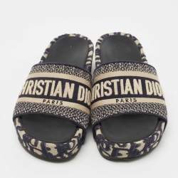 Dior Navy Blue/White Canvas Oblique Embroid D-way Slides Size 35
