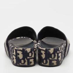 Dior Navy Blue/White Canvas Oblique Embroid D-way Slides Size 35