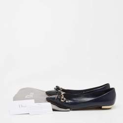Pre Owned Dior Two Tone Patent and Leather Chain Detail Bow Ballet Flats Size 38
