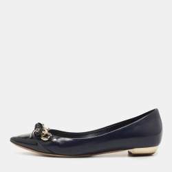 Pre Owned Dior Two Tone Patent and Leather Chain Detail Bow Ballet Flats Size 38