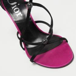 Christian Dior Black Satin Crystal Embellished Strappy Sandals Size 36.5