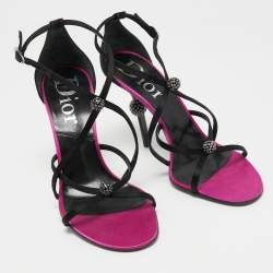  Christian Dior Black Satin Crystal Embellished Strappy Sandals Size 36.5